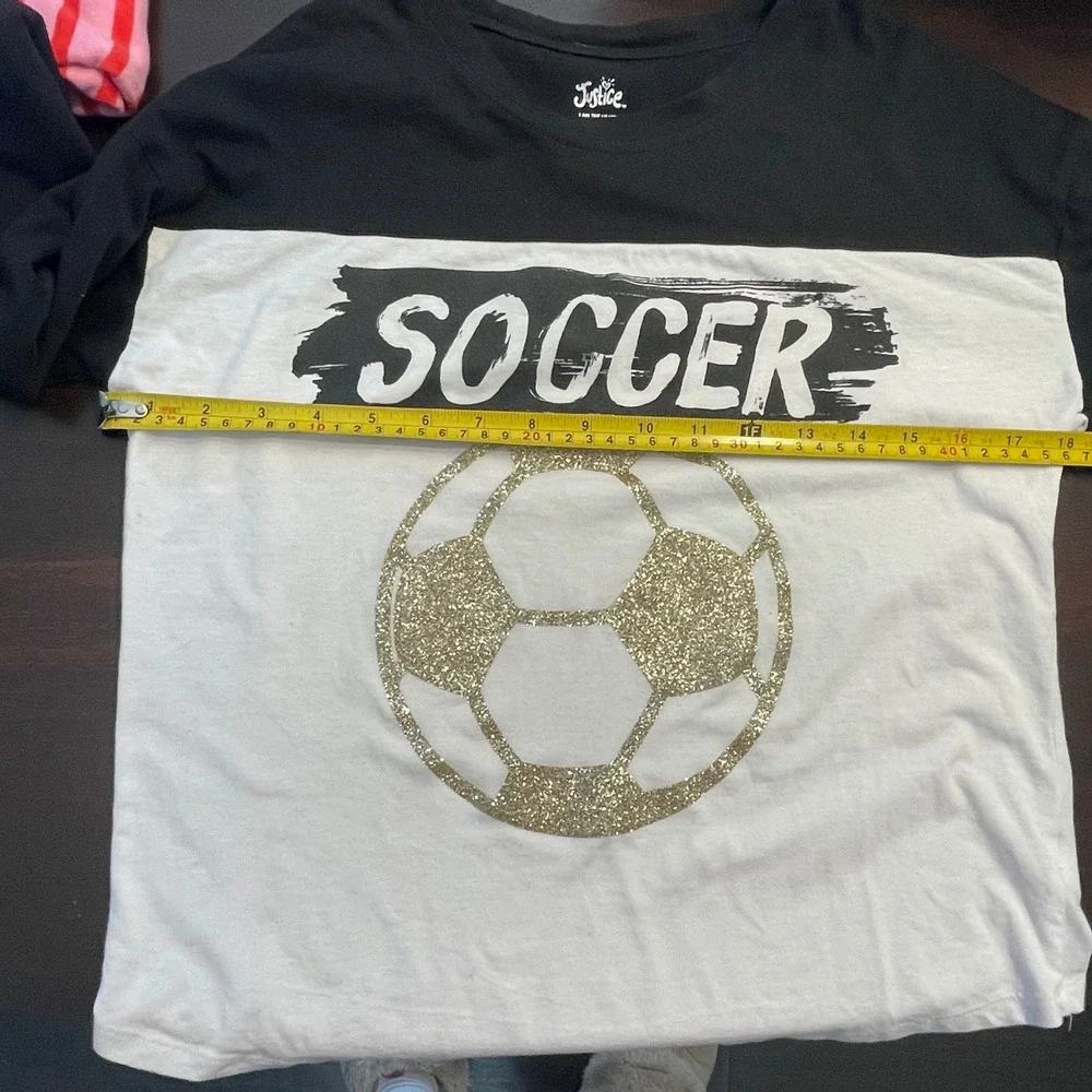 Justice Girls Soccer Long‎ Sleeve Shirt Black White Gold Sparkle Size L (12/14)